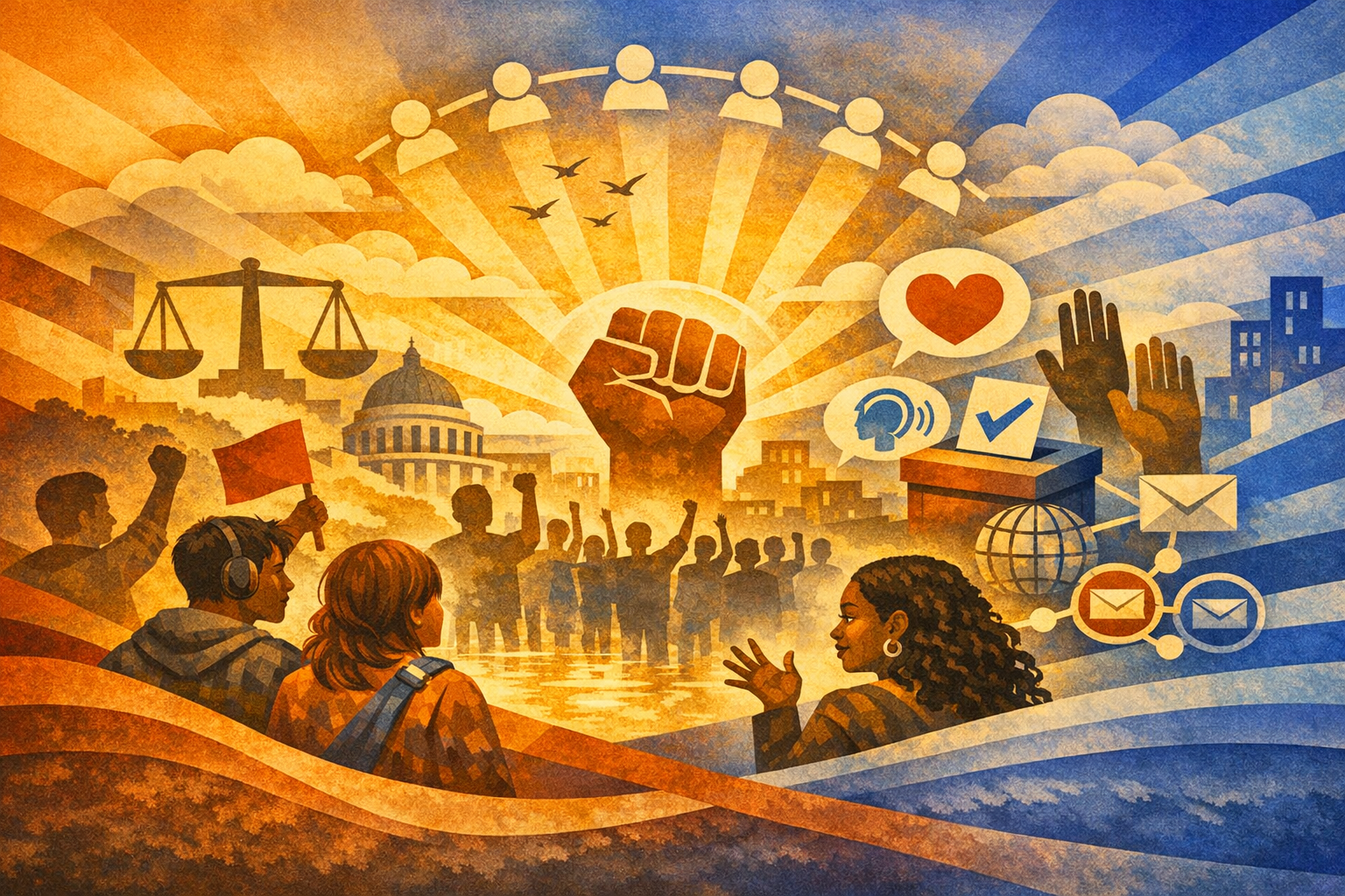 Abstract illustration of civic activism. A diverse group of people — including Black, Asian, and white individuals — raise a megaphone, flag, and fists in solidarity. Central symbols include a scale of justice, a ballot box with a checkmark, and a glowing raised fist surrounded by icons of connected people. The background transitions from warm orange to cool blue, with rays of light and a cityscape. Accessibility and communication icons appear on the right.