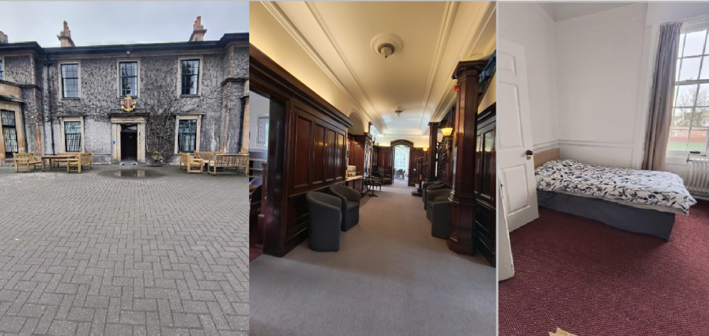 Three colour photographs. They show a paved open area with tables and chairs outside a two-storey building with windows. The middle shows a carpeted corridor with comfortable chairs, wood-panelled walls and a high ceiling. The third photo shows a single bed with duvet, red carpet, a large window and central heating radiator; the walls and door are white.